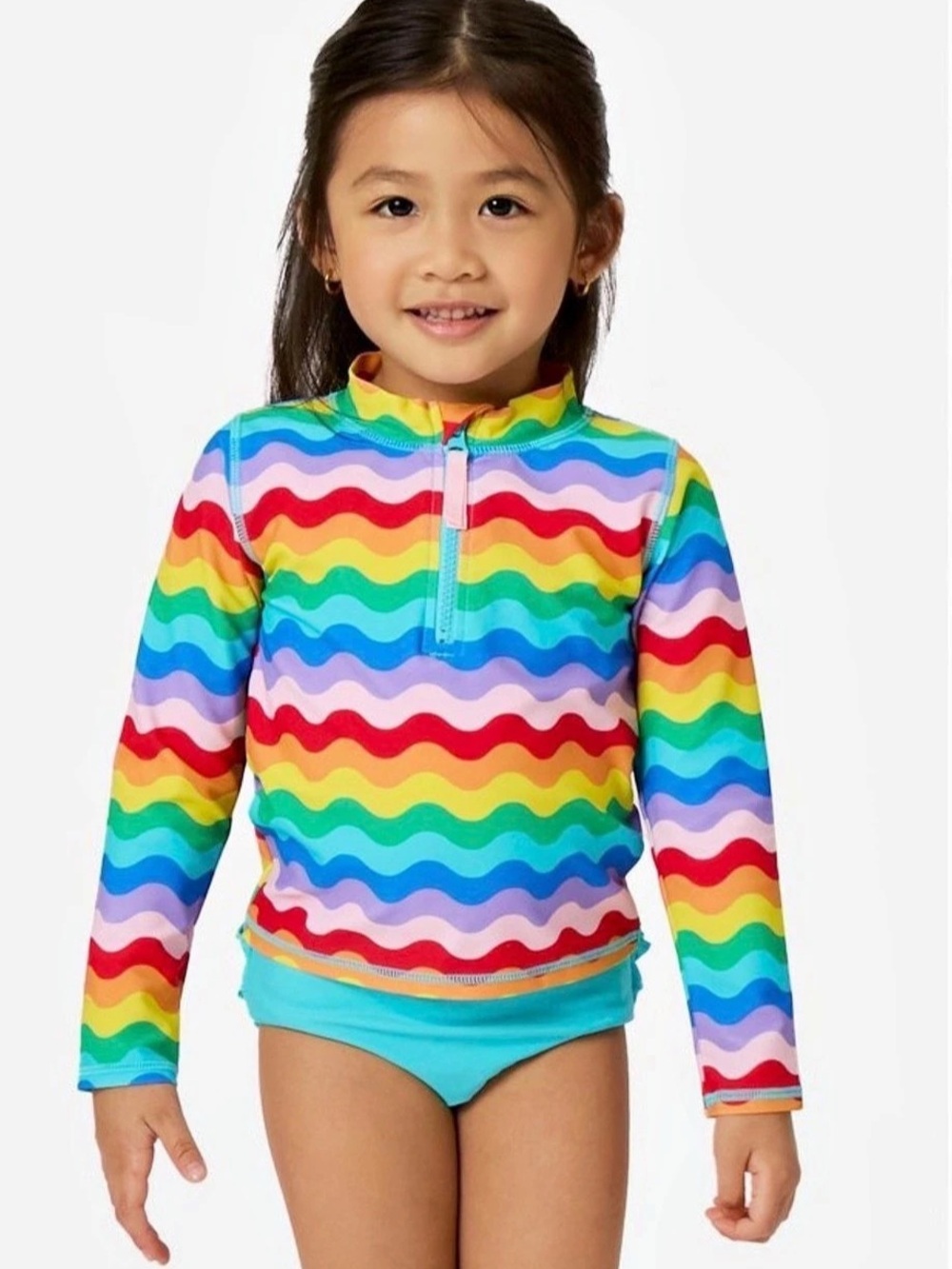 RuffleButts Rainbow Waves Long Sleeve Rash Guard Swimsuit Sz 7